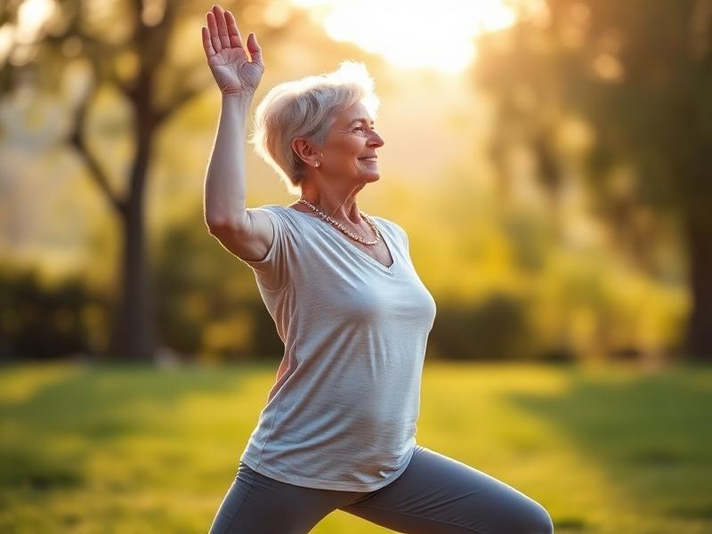 Femme senior pratiquant un étirement de yoga doux en extérieur