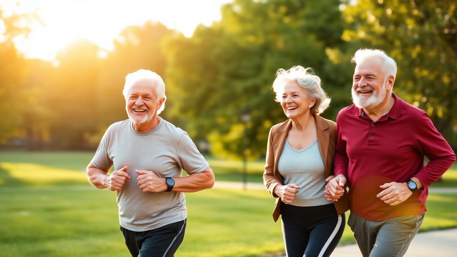 Trois seniors souriants marchant ensemble dans un parc ensoleillé