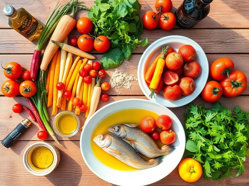 Repas méditerranéen coloré avec légumes, poisson et huile d'olive