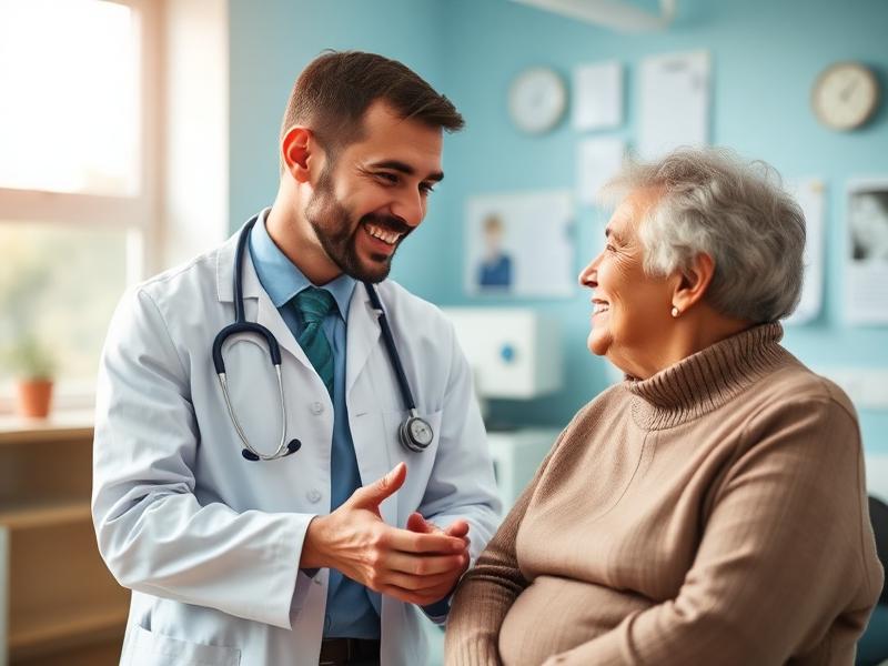 Médecin souriant en consultation avec une patiente âgée